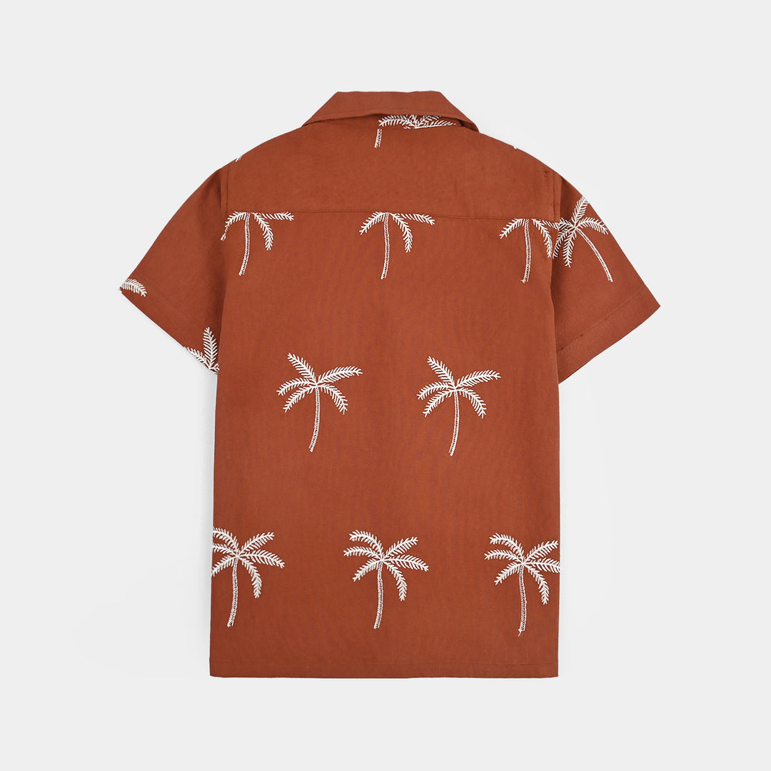 Boys Cotton Jacquard Shirt- Rust