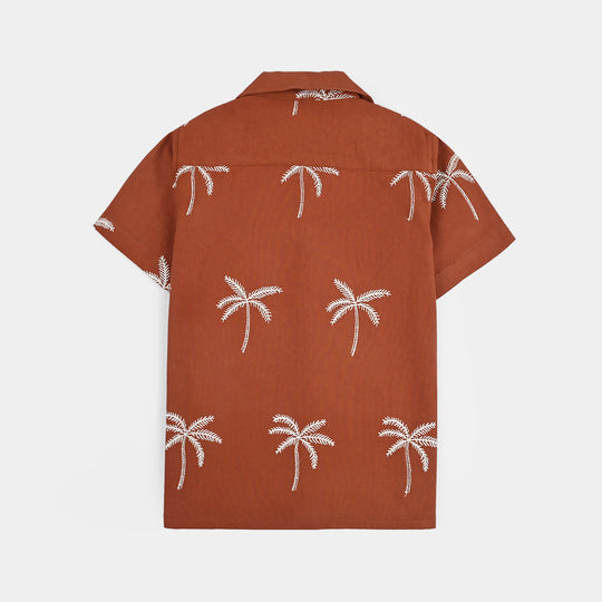 Boys Cotton Jacquard Shirt- Rust