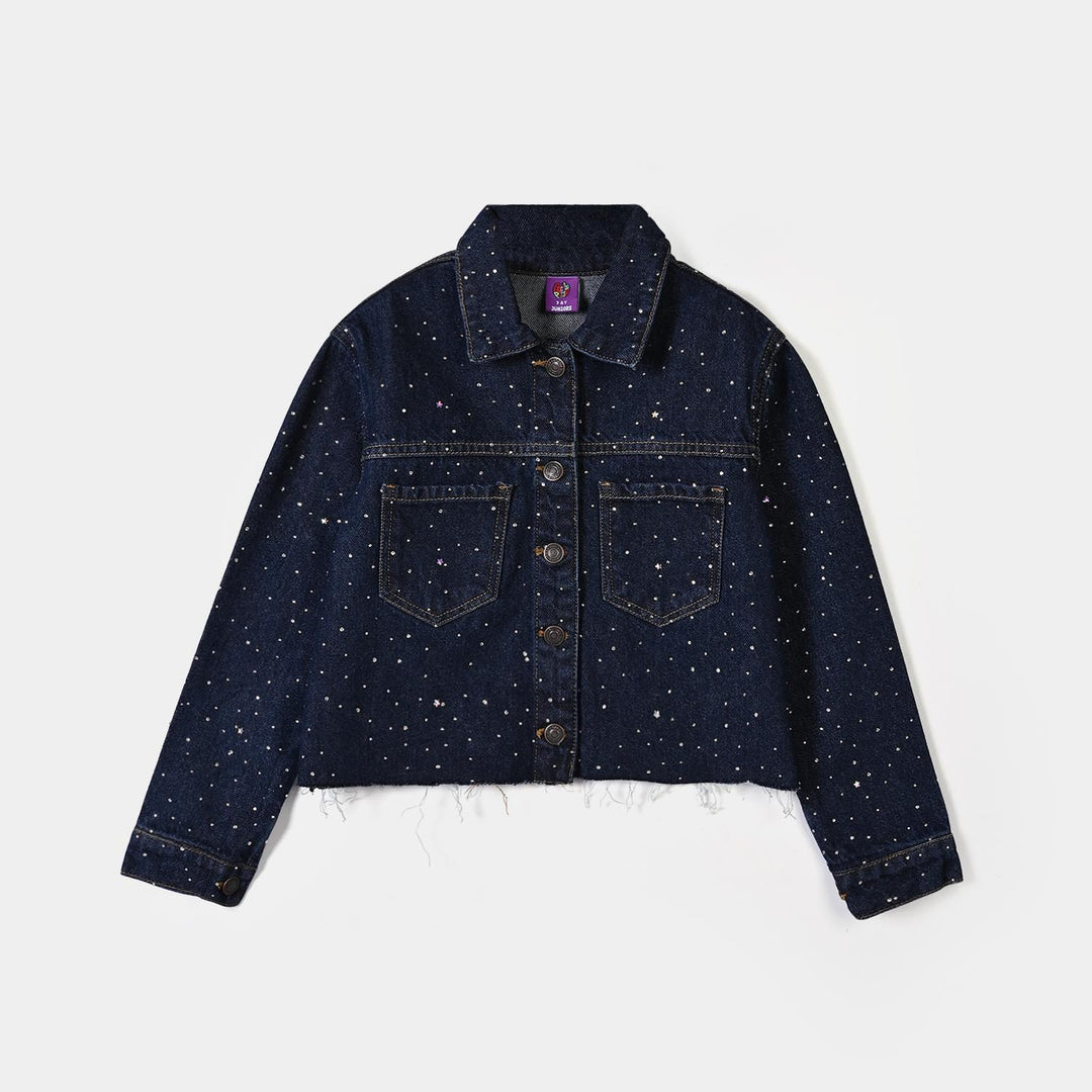 Girls Denim rigid Woven Jacket Studs- Dark BLUE