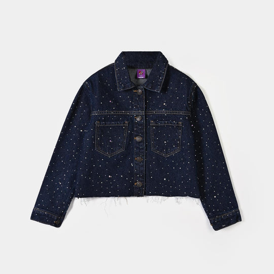 Girls Denim rigid Woven Jacket Studs- Dark BLUE
