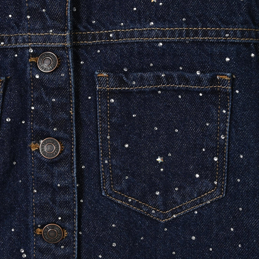 Girls Denim rigid Woven Jacket Studs- Dark BLUE