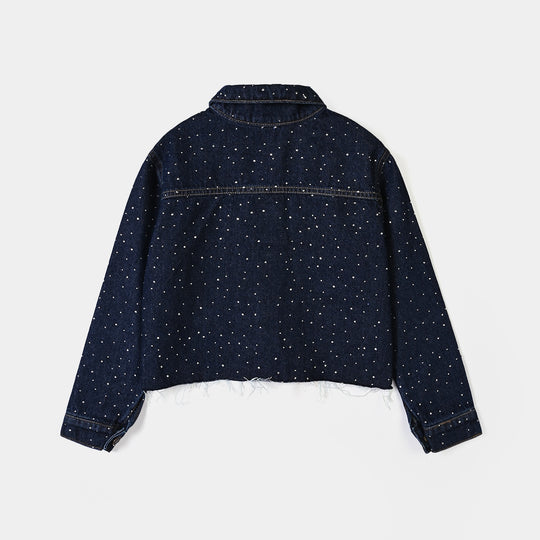 Girls Denim rigid Woven Jacket Studs- Dark BLUE