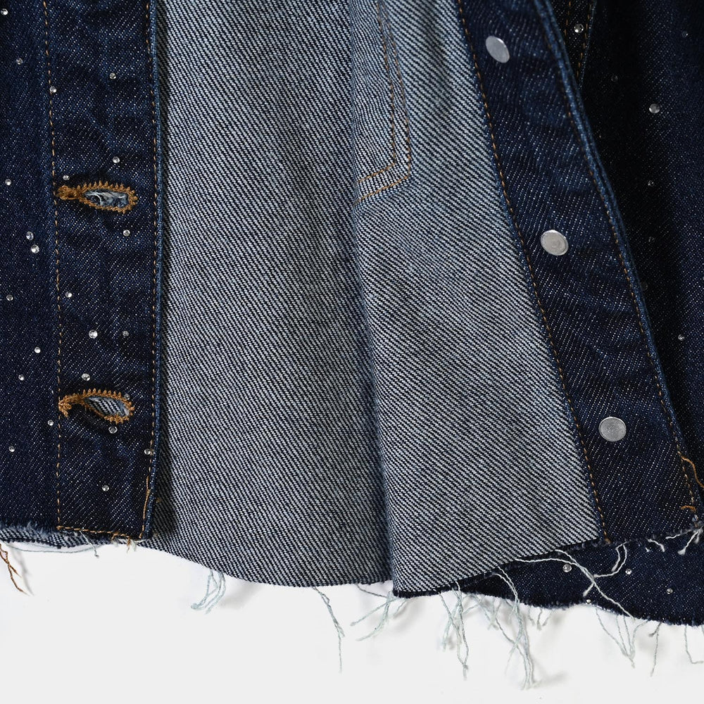 Girls Denim rigid Woven Jacket Studs- Dark BLUE