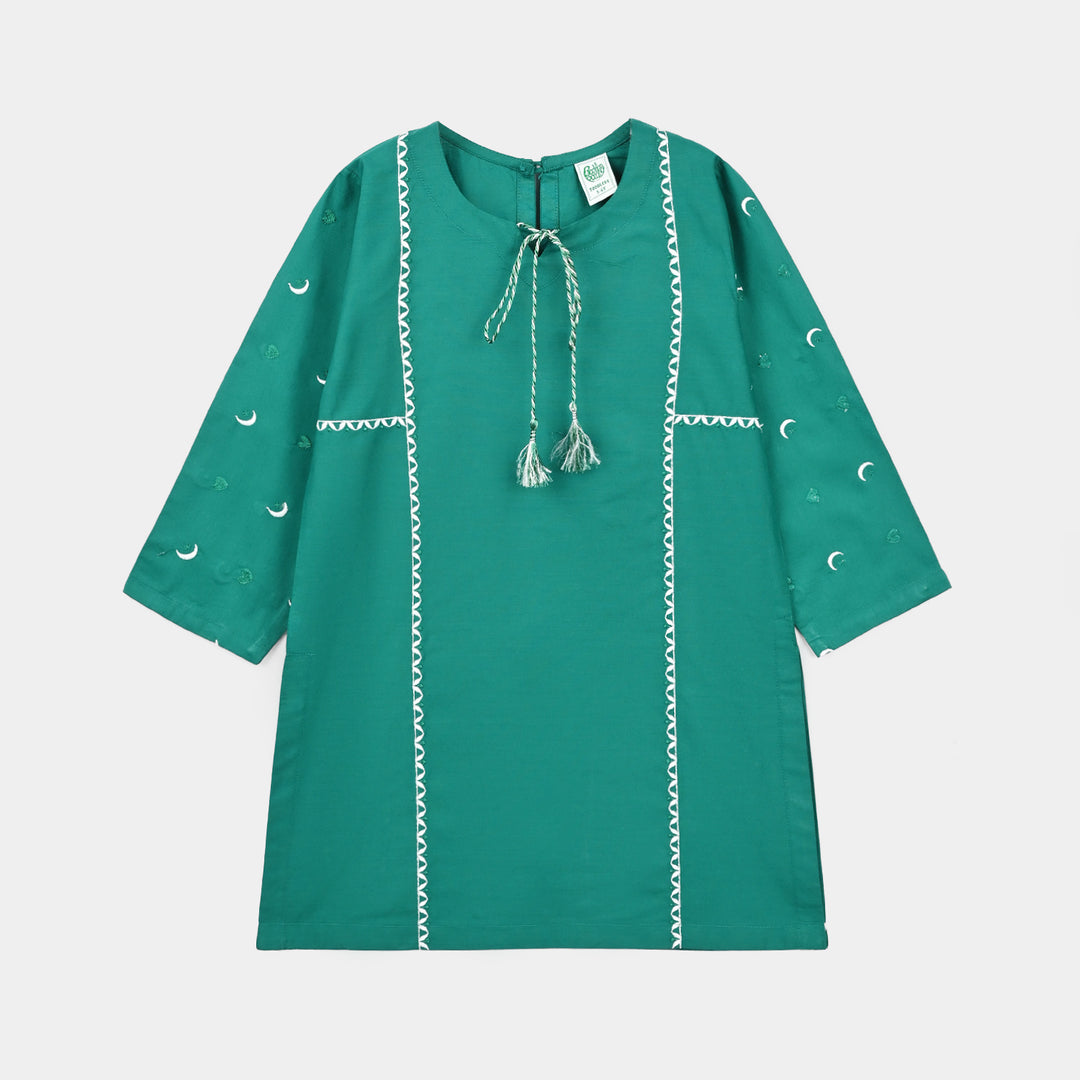 Girls Cotton Ind Emb Kurti Chand Sitara-GREEN