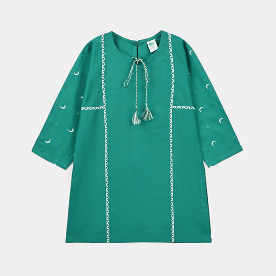 Girls Cotton Ind Emb Kurti Chand Sitara-GREEN