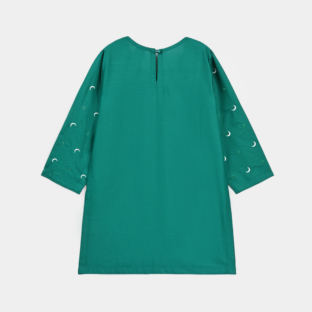 Girls Cotton Ind Emb Kurti Chand Sitara-GREEN