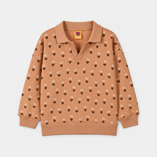 Girls Fleece Sweatshirt Floral Pattern- Brown