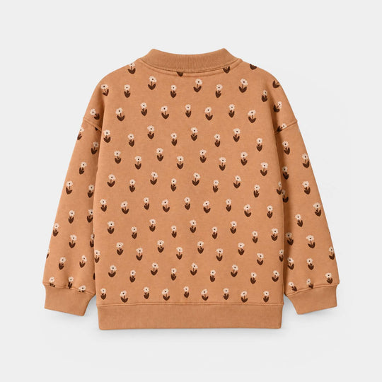 Girls Fleece Sweatshirt Floral Pattern- Brown