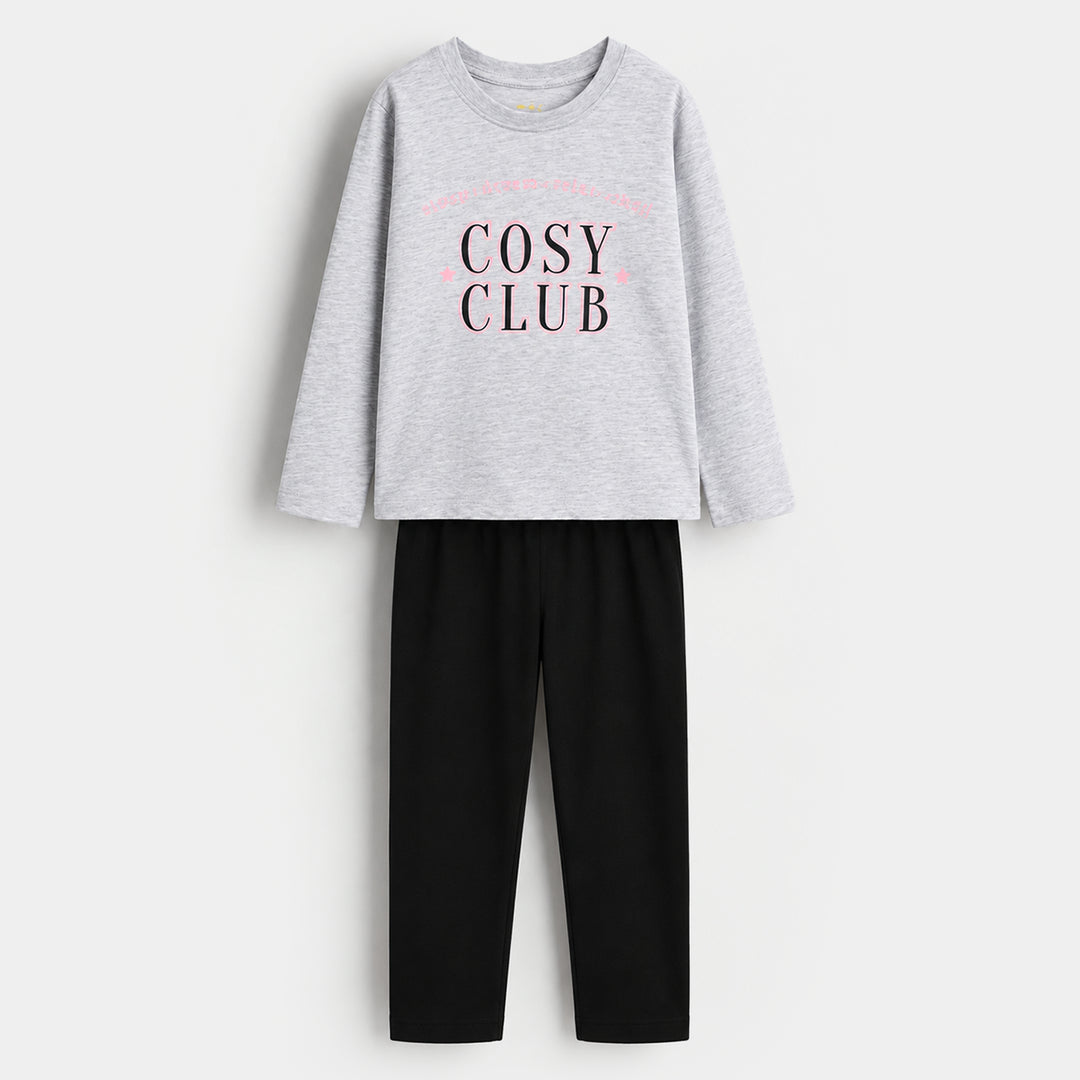Girls Poly Cotton Jersey Night Suit Cosy Club - Black & Grey