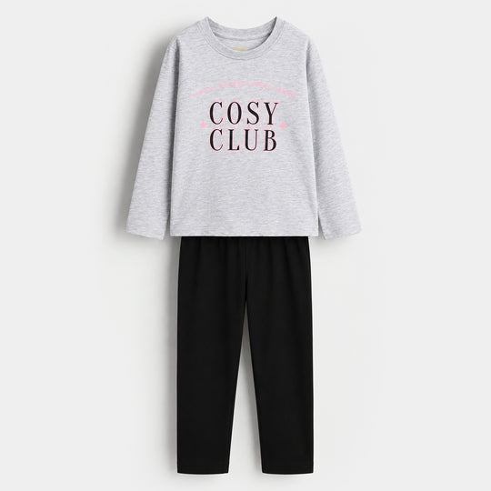 Girls Poly Cotton Jersey Night Suit Cosy Club - Black & Grey