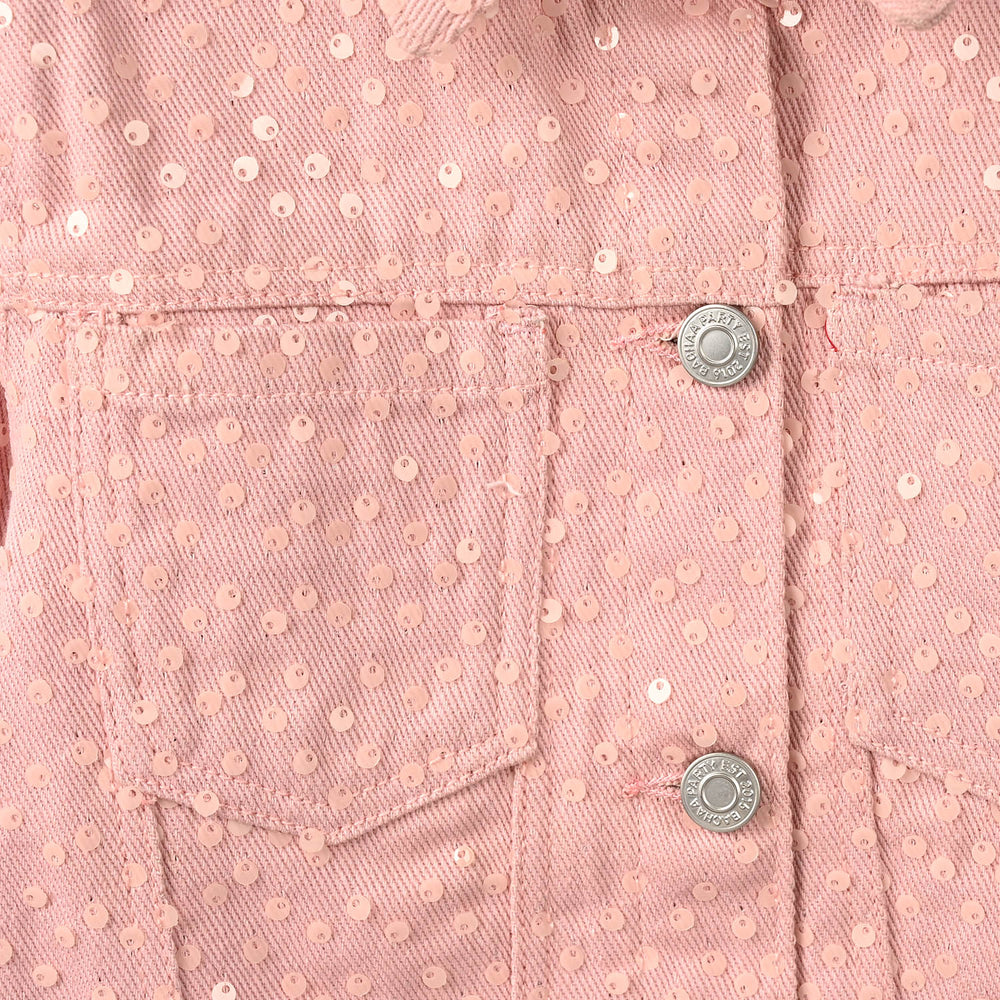 Girls Cotton Twill Woven Jacket Sequence Pink