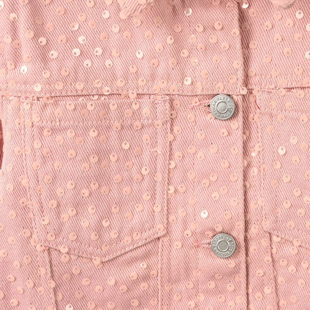 Girls Cotton Twill Woven Jacket Sequence Pink