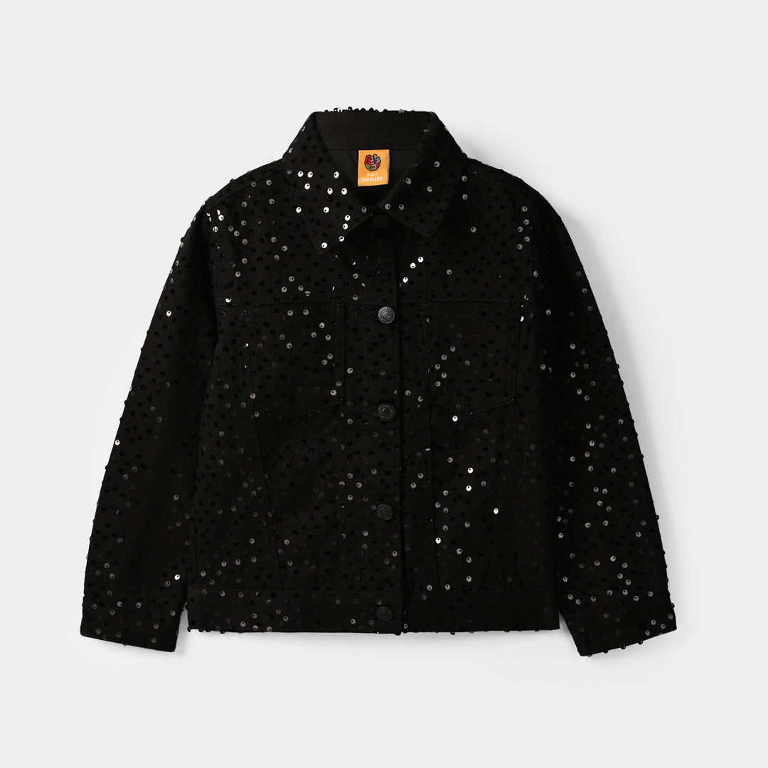 Girls Cotton Twill Woven Jacket Sequence Black