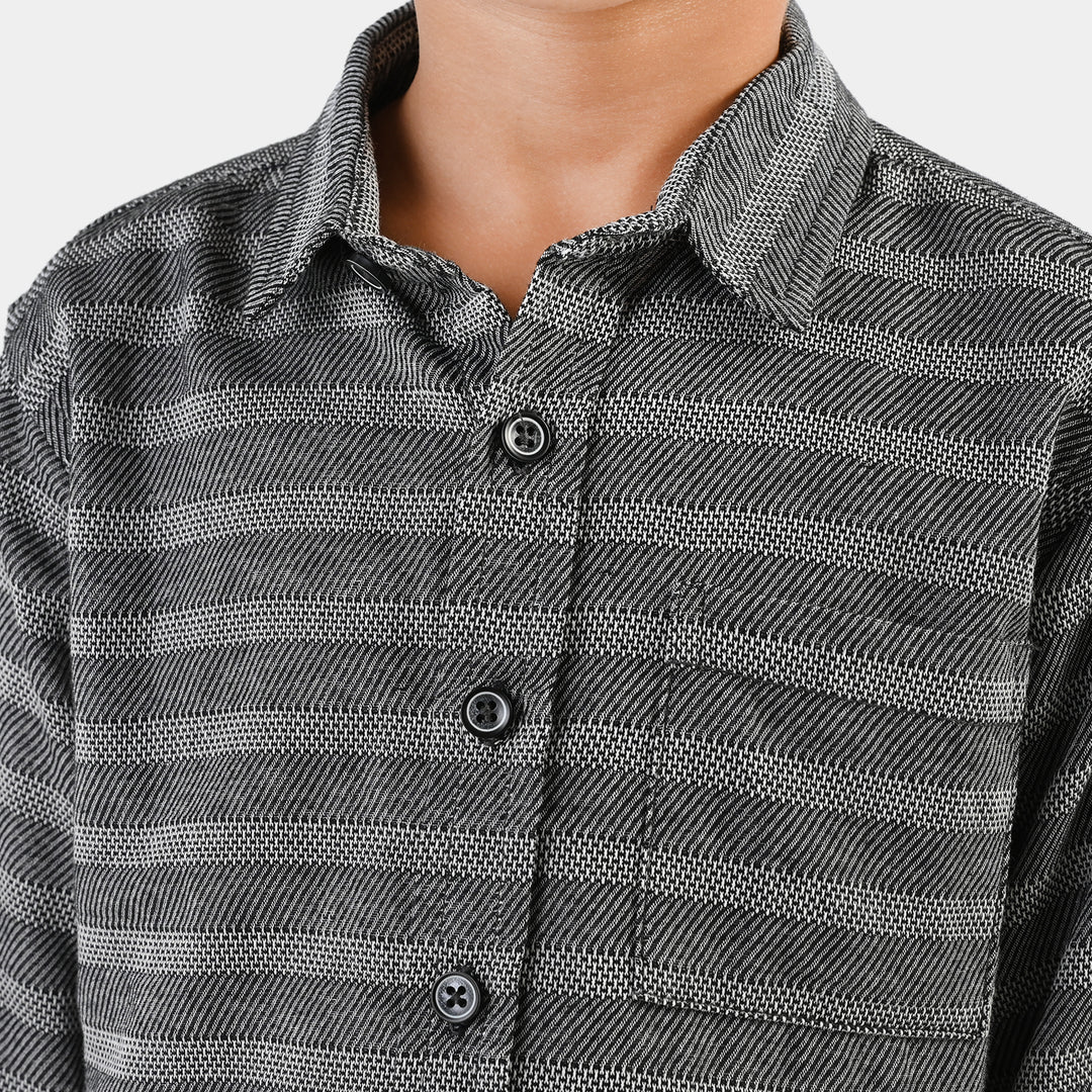 Boys Yarn Dyed Shirt F/S (Bold Stripe)-GREY