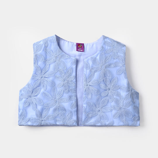 Girls Polyester Waist Coat Floral-SKY BLUE