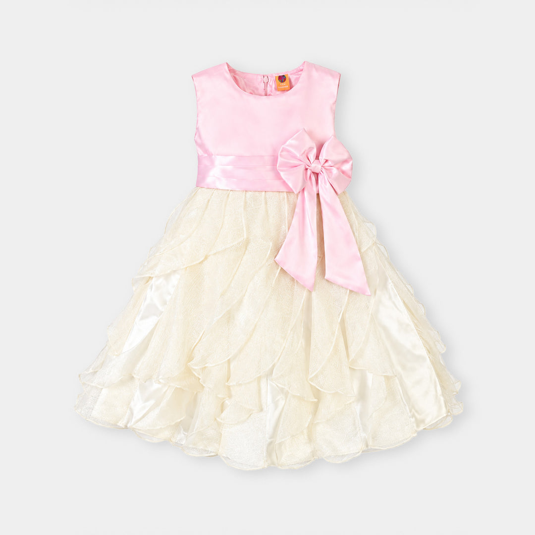 Girls Poly Satin Fancy Frock-Wavy-Pink.White