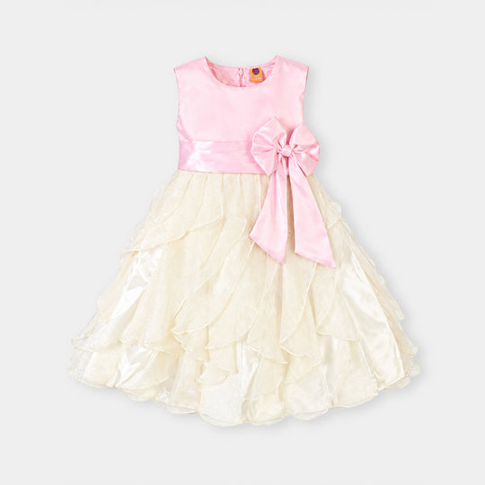 Girls Poly Satin Fancy Frock-Wavy-Pink.White