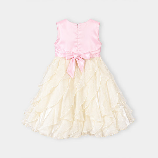 Girls Poly Satin Fancy Frock-Wavy-Pink.White