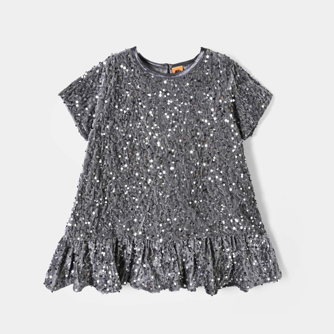 Girls Velvet Fancy Frock-Sparkle Star-GREY