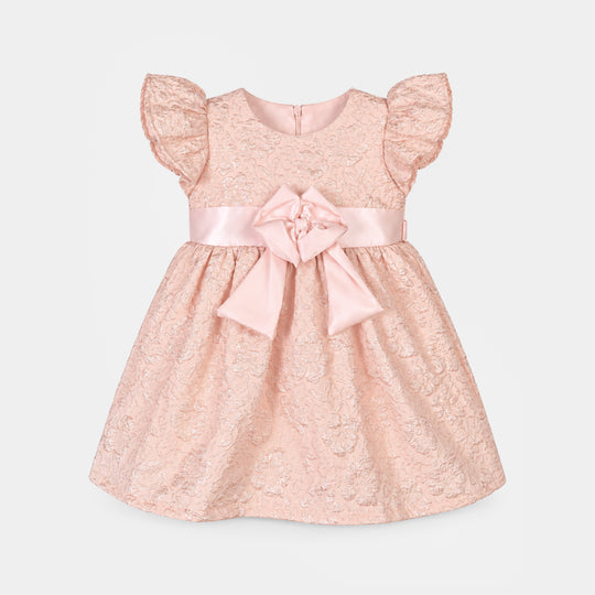 Infant Girls Jacquard Fancy Frock-Baby Floral-Peach