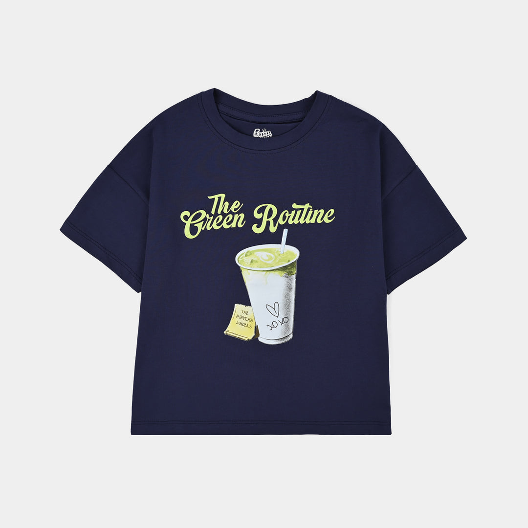 Girls Lycra T-Shirt Green Routine-BLUE