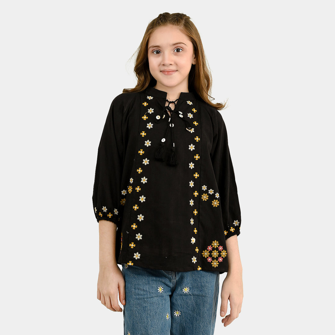 Girls Cotton Emb Top Moon-BLACK