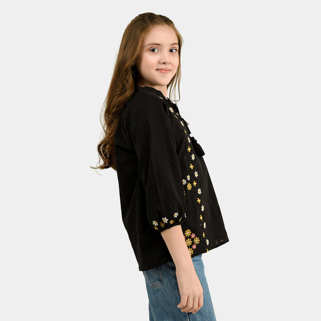 Girls Cotton Emb Top Moon-BLACK