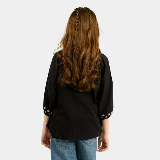 Girls Cotton Emb Top Moon-BLACK