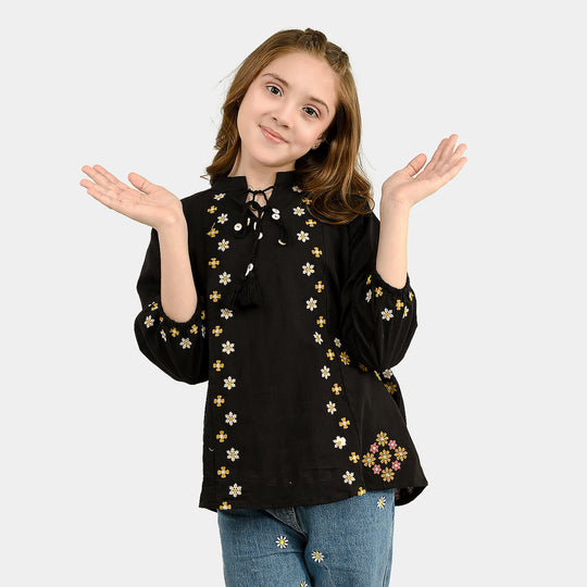 Girls Cotton Emb Top Moon-BLACK