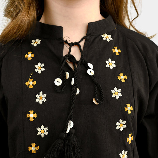 Girls Cotton Emb Top Moon-BLACK