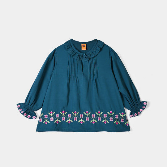 Girls Polyester Emb Top Cross Stitch- Teal