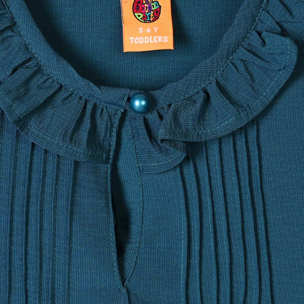 Girls Polyester Emb Top Cross Stitch- Teal