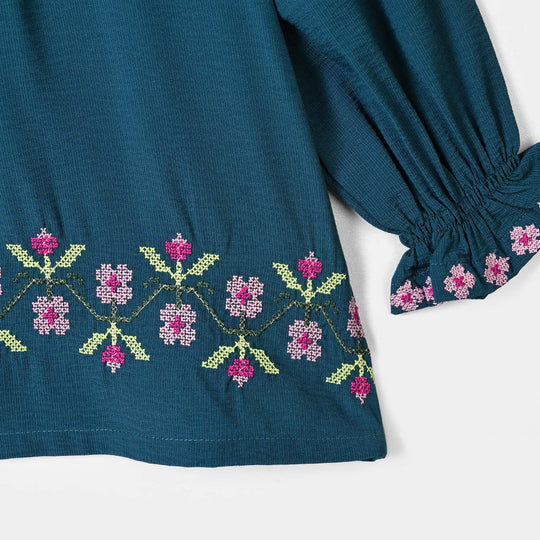 Girls Polyester Emb Top Cross Stitch- Teal