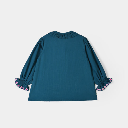 Girls Polyester Emb Top Cross Stitch- Teal