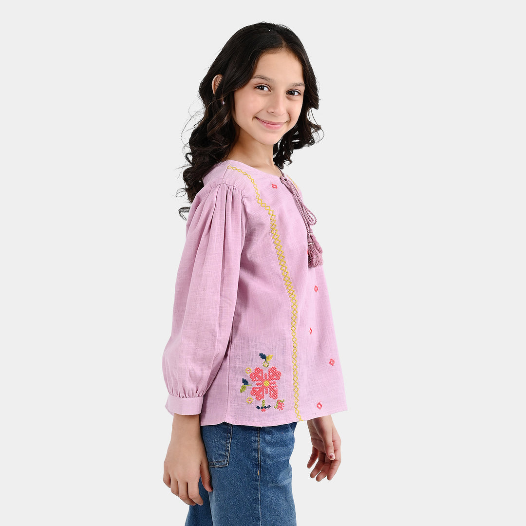 Girls Cotton EMB Top Cherry-Orchid