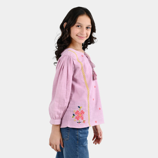 Girls Cotton EMB Top Cherry-Orchid