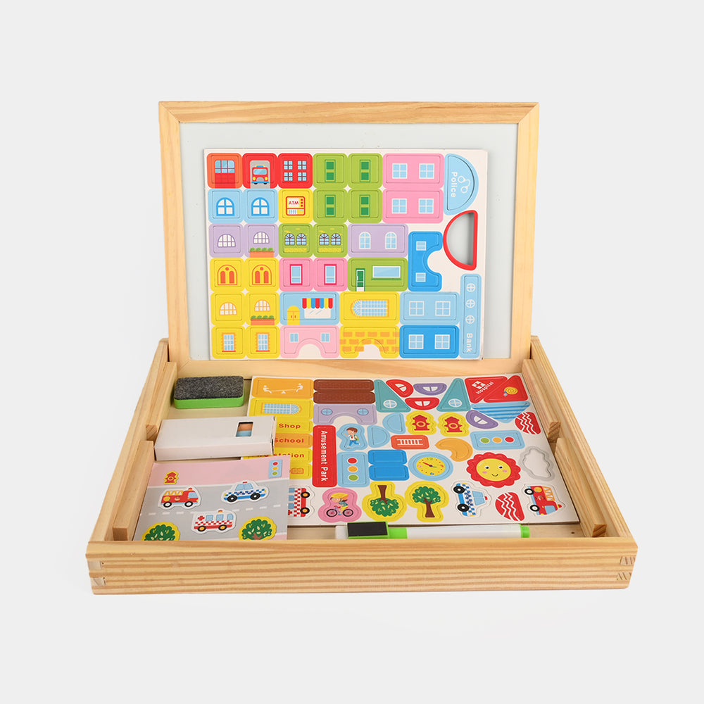 Wooden Building Fun Magnetic Puzzle & Drawing Board Set