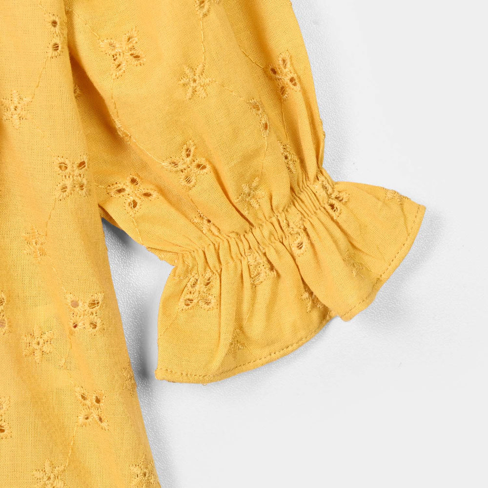 Infant Girls Cotton Emb Top Shine-Mustard