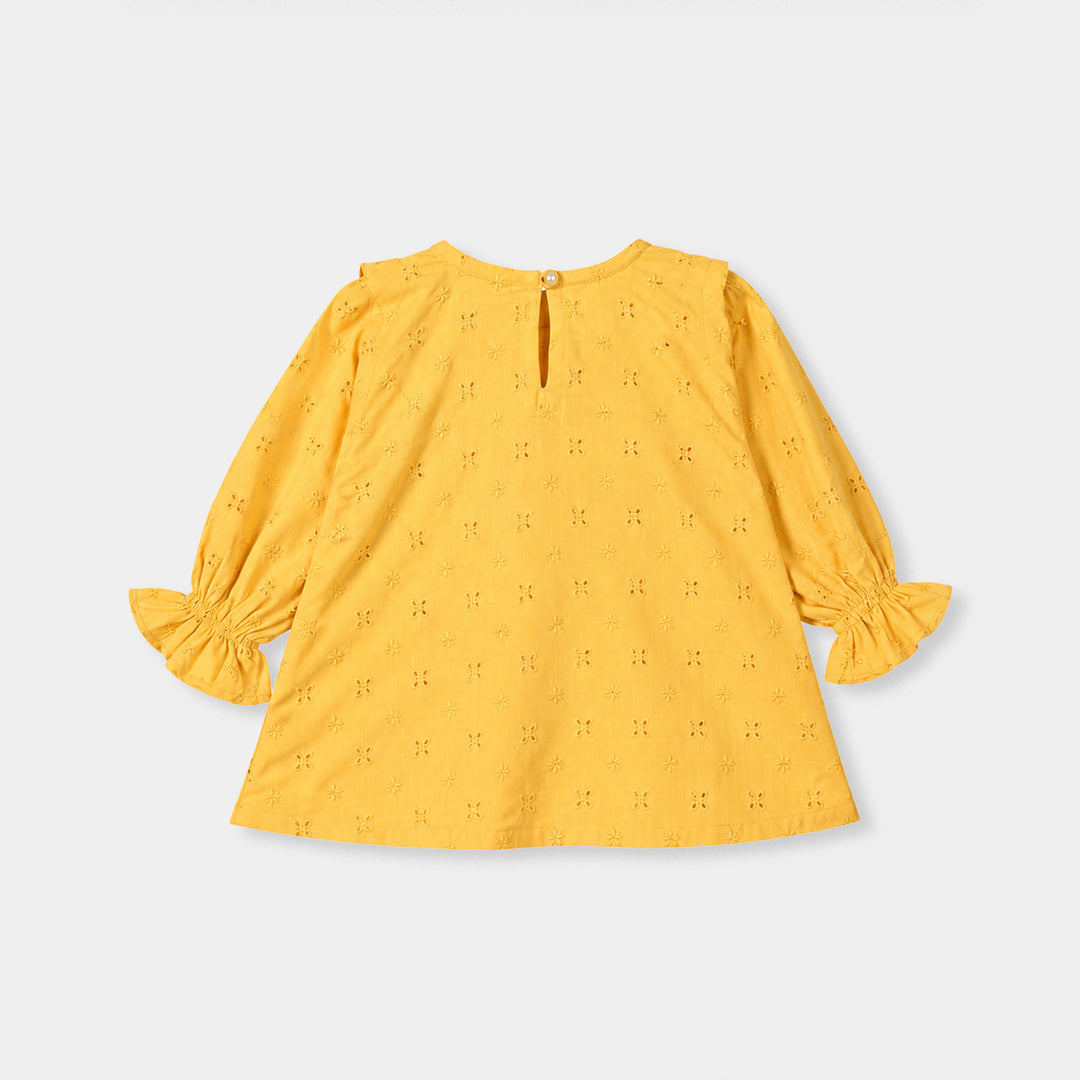 Infant Girls Cotton Emb Top Shine-Mustard
