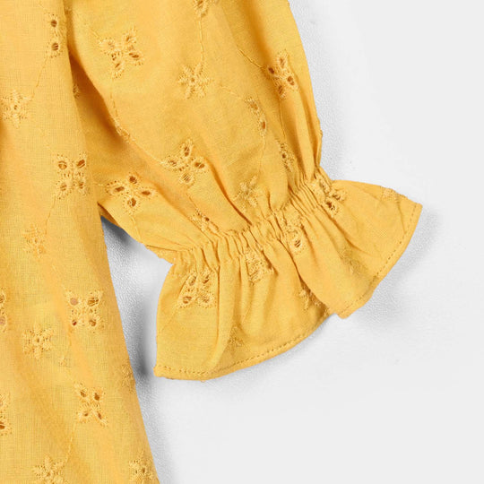 Girls Cotton Emb Top Shine-Mustard