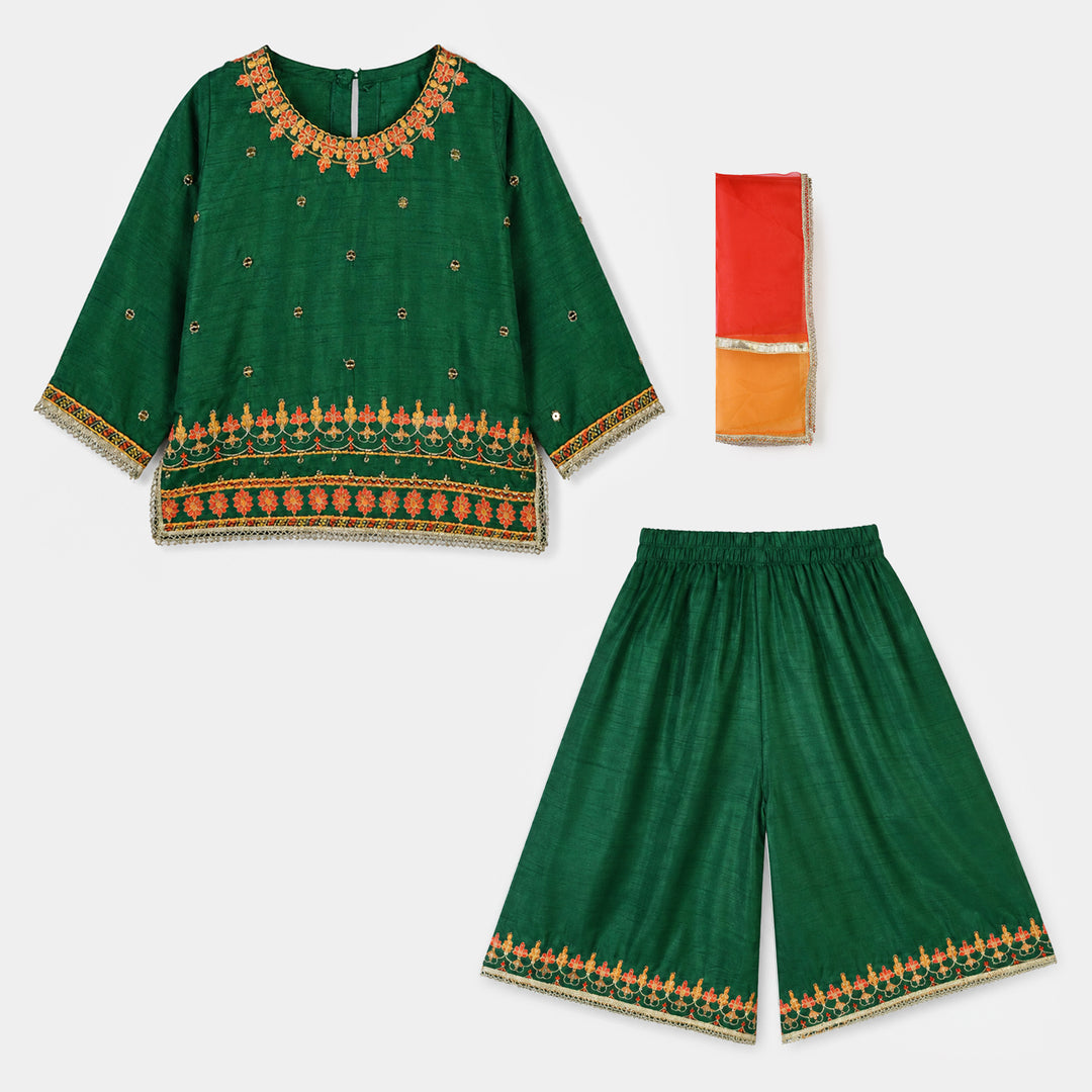 Infant Girls Raw Silk 3Pcs Maha Rani-Green