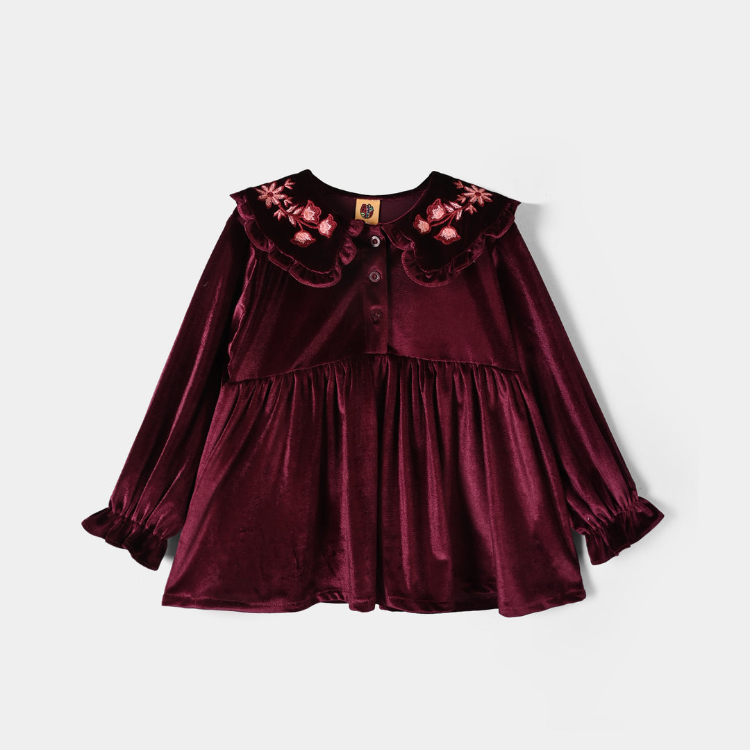 Girls Velvet Emb Top Floral-MAROON