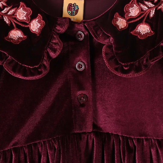 Girls Velvet Emb Top Floral-MAROON