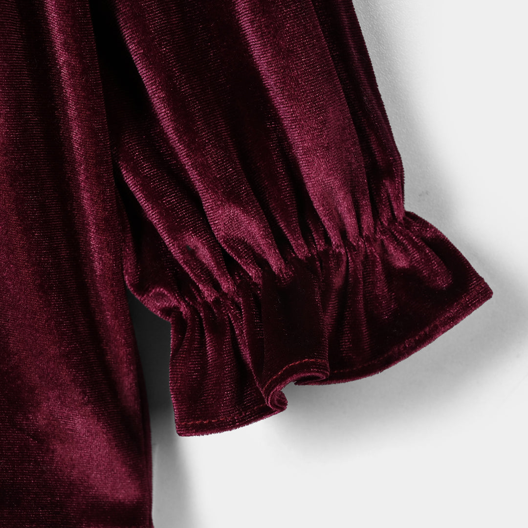Girls Velvet Emb Top Floral-MAROON