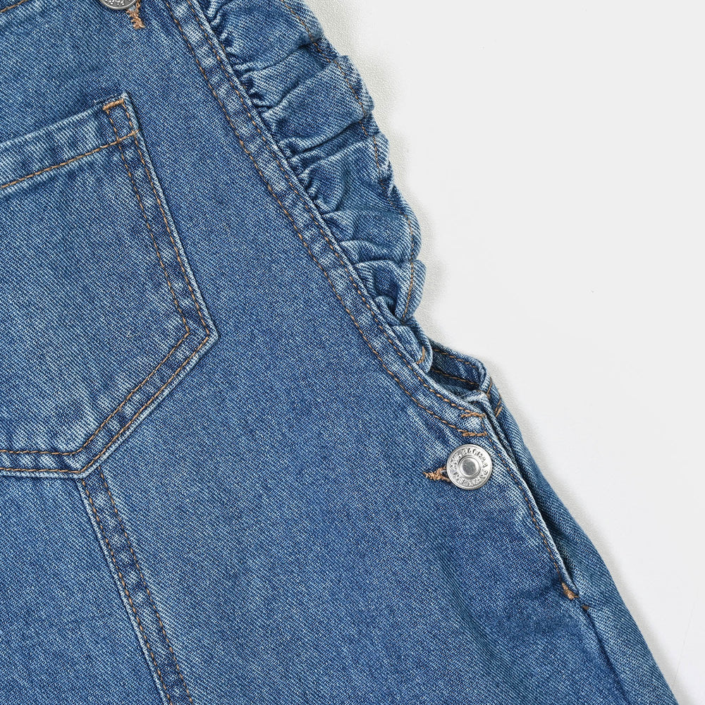 Girls Denim rigid Over All Frill-Mid Blue