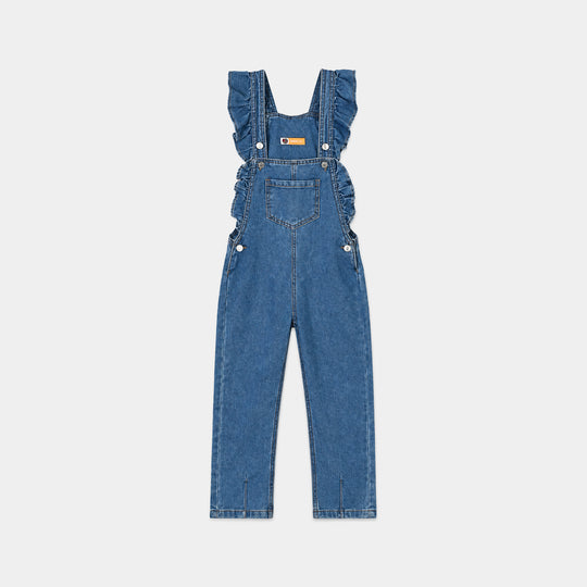 Girls Denim rigid Over All Frill-Mid Blue