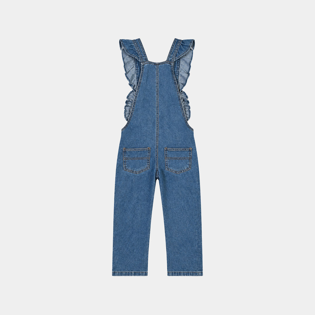 Girls Denim rigid Over All Frill-Mid Blue