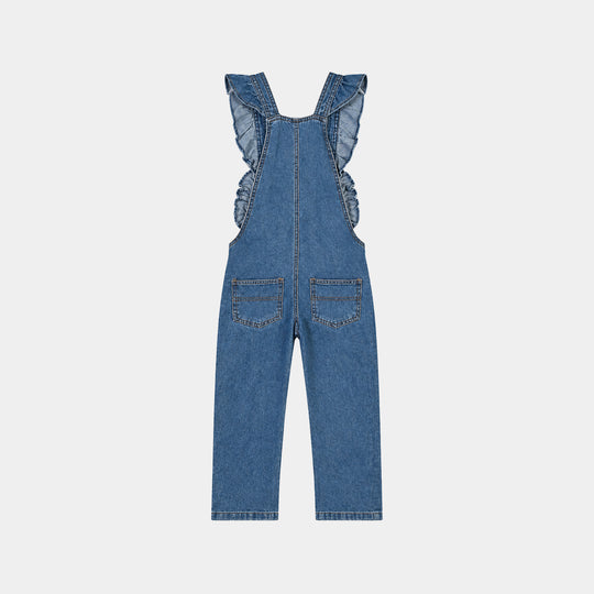 Girls Denim rigid Over All Frill-Mid Blue
