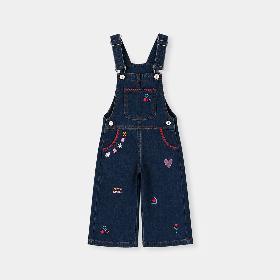 Infant Girls Denim rigid Over All Fall Vibes-DARK BLUE