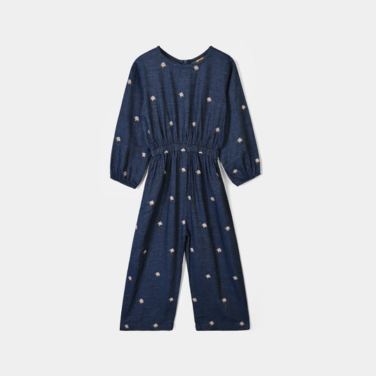 Girls Tensile Denim (Light Denim) Emb Jumpsuit Floral-BLUE